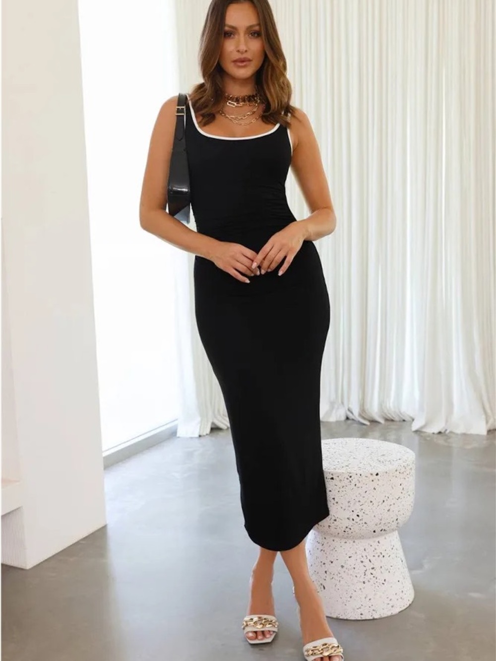 HelloMolly Sleeveless Black Midi Tank Dress with White Trim in XS